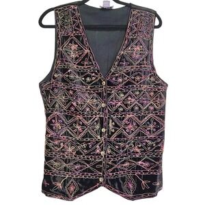 Vintage Velvet Vest Embroidered Boho Whimsigoth Medium Black Multicolor